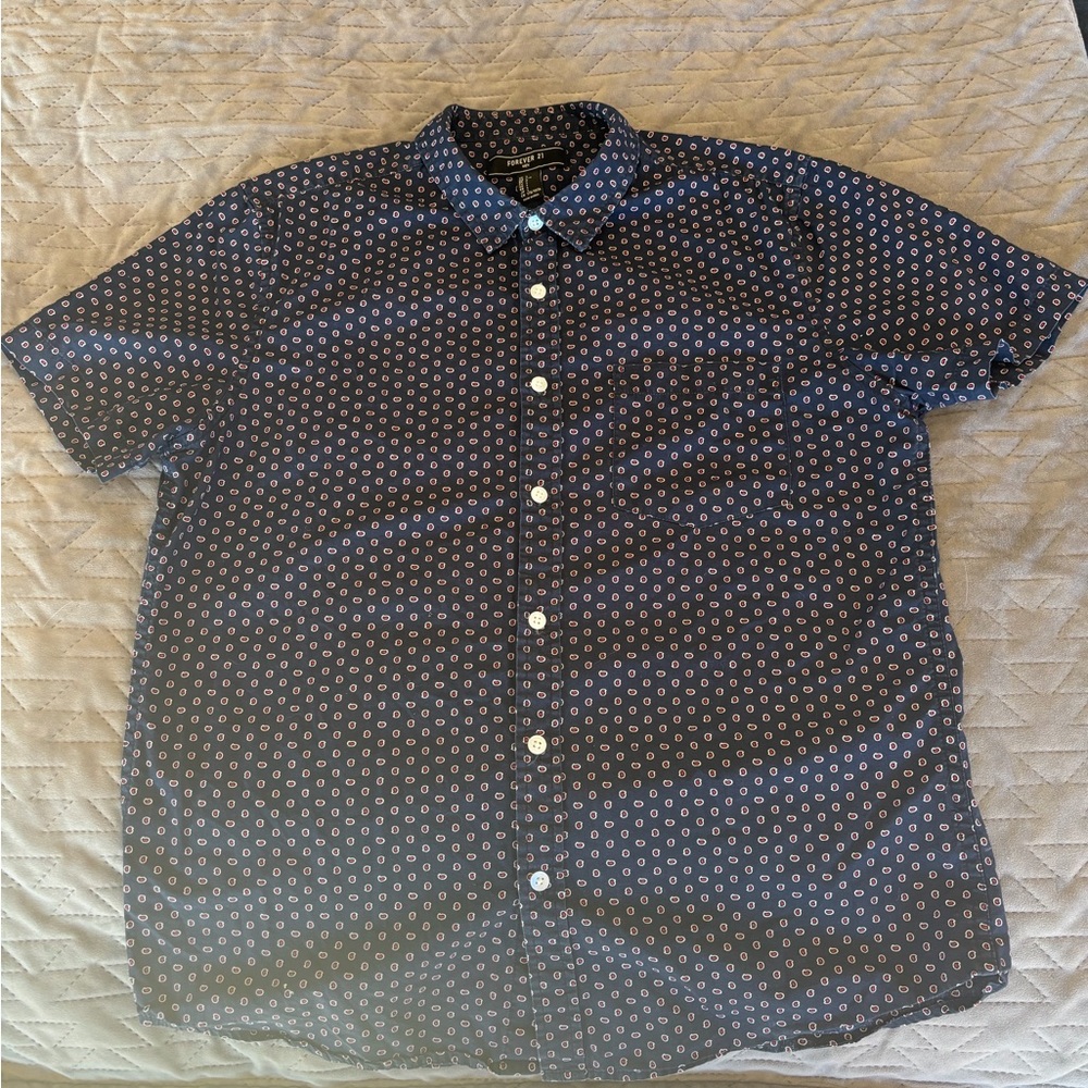 Forever 21 Men's Navy Button-Down with Small Dot/Flame Print